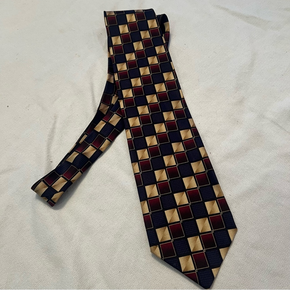 Geometric Patterned pure silk Tie - Blue, Black, Gold, Red